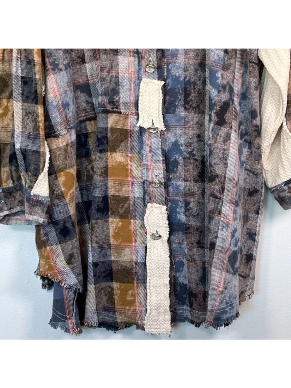 Pol Womens Sz L Peace Patchwork Chunky Plaid Shacket Oversized Statement Grunge - Picture 4 of 16